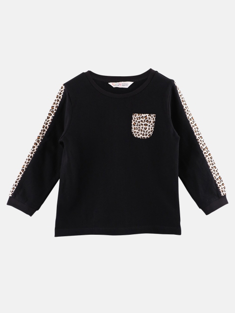 

Beebay Girls Black Leopard Printed Pockets T-shirt