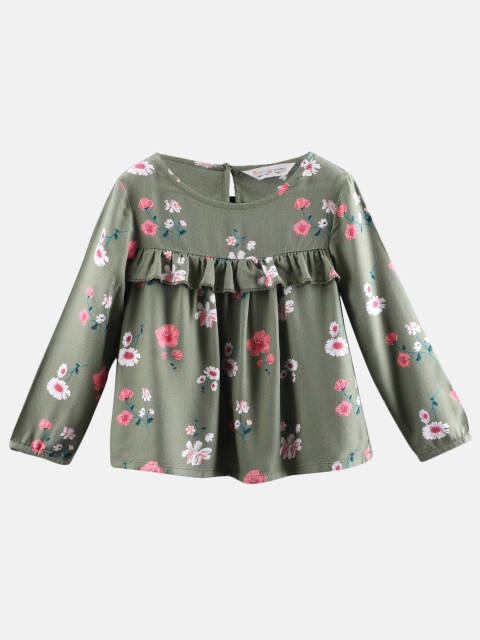 

Beebay Girls Olive Green Floral Print Ruffle Top