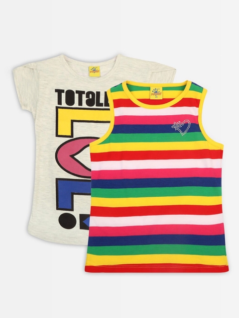 

Punkster Pack-2 Girls Printed& Striped Regular Top, Yellow