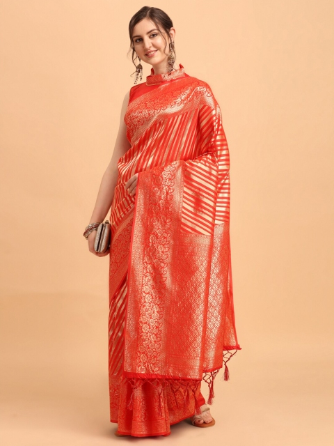 

KALINI Red & Gold-Toned Woven Design Silk Blend Leheriya Saree