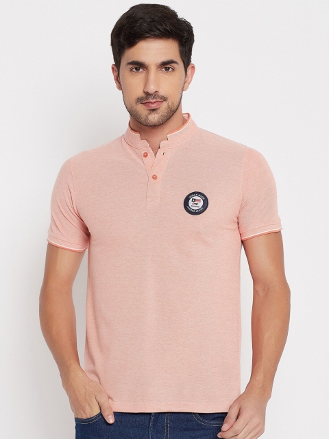 

NEVA Men Pink Mandarin Collar Applique T-shirt