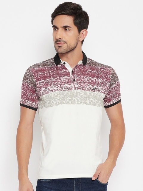

NEVA Men Off White & Pink Abstract Printed Polo Collar T-shirt