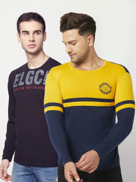 

ELEGANCE Men Set of 2 Navy Blue & Yellow Printed T-shirt