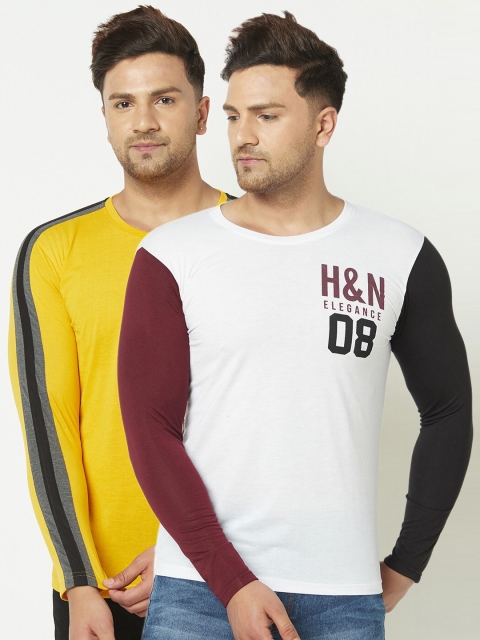 

ELEGANCE Men Pack of 2 White & Yellow Printed T-shirt