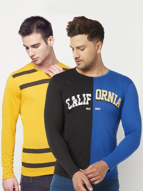 

ELEGANCE Men Pack of 2 Blue & Yellow Printed T-shirt