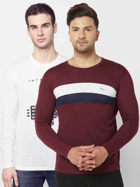 

ELEGANCE Men Pack of 2 White & Burgundy Printed T-shirt