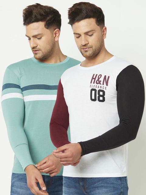 

ELEGANCE Men Pack of 2 White & Sea Green Printed T-shirt