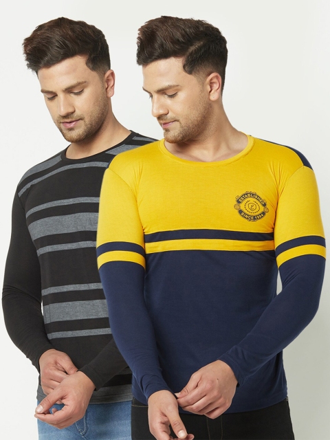 

ELEGANCE Men Pack of 2 Yellow & Black Striped T-shirt