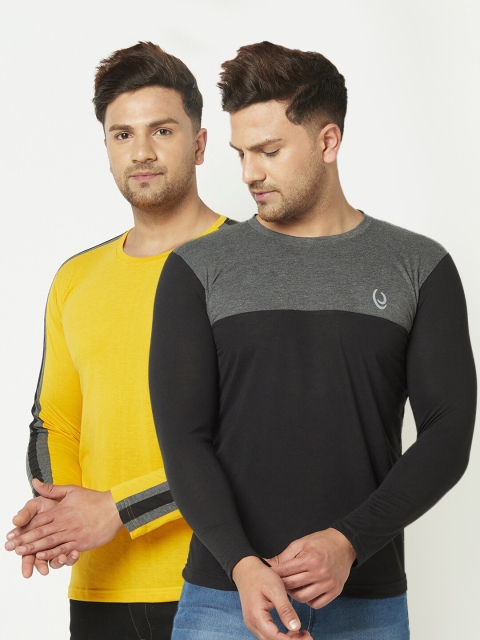 

ELEGANCE Men Set of 2 Yellow & Black Colourblocked T-shirt