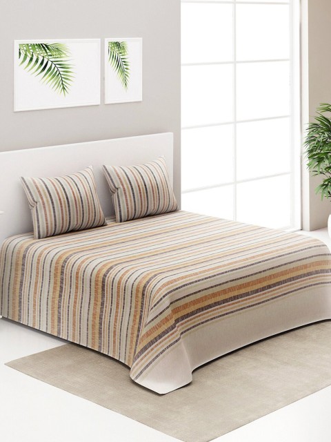 

NEUDIS Beige Striped Jacquard Cotton Double Bed Cover with 2 Pillow Covers
