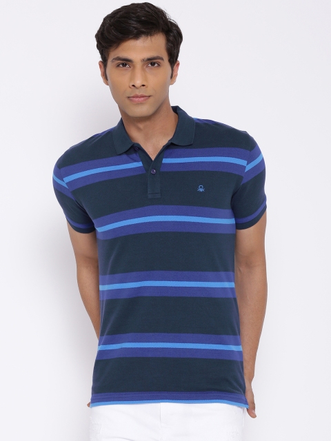 

United Colors of Benetton Men Navy Striped Polo T-shirt, Navy blue