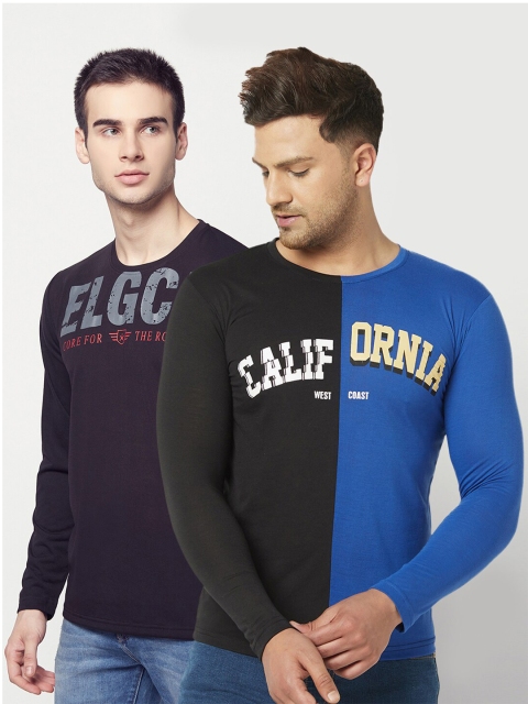 

ELEGANCE Men Set of 2 Black & Navy Blue Printed T-shirt