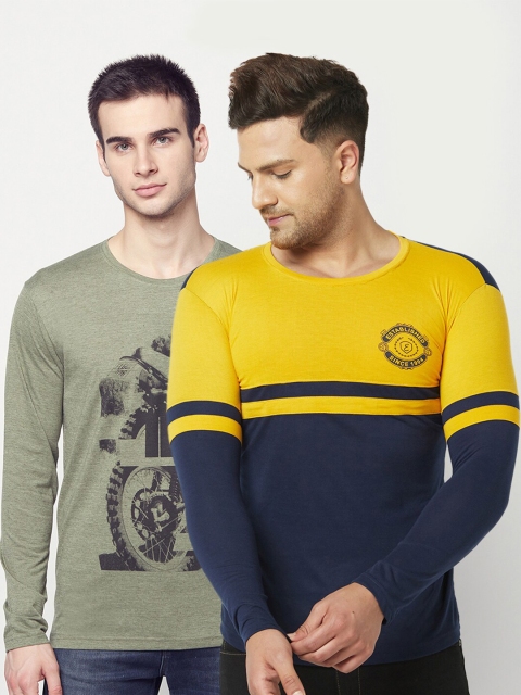 

ELEGANCE Men Set of 2 Yellow & Olive Green Printed T-shirt