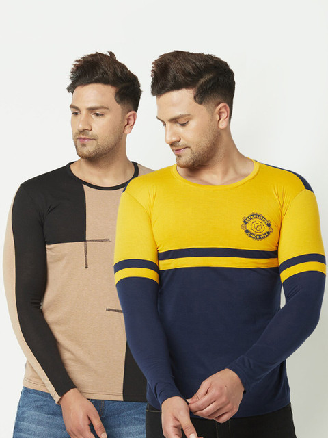 

ELEGANCE Men Set of 2 Yellow & Beige Colourblocked T-shirt