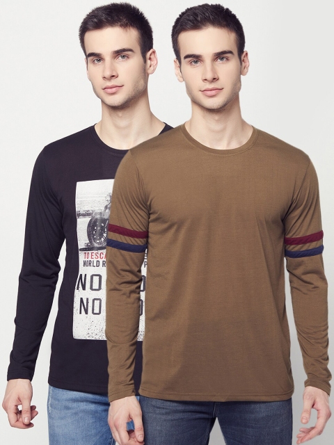 

ELEGANCE Men Set of 2 Brown & Black Printed T-shirt