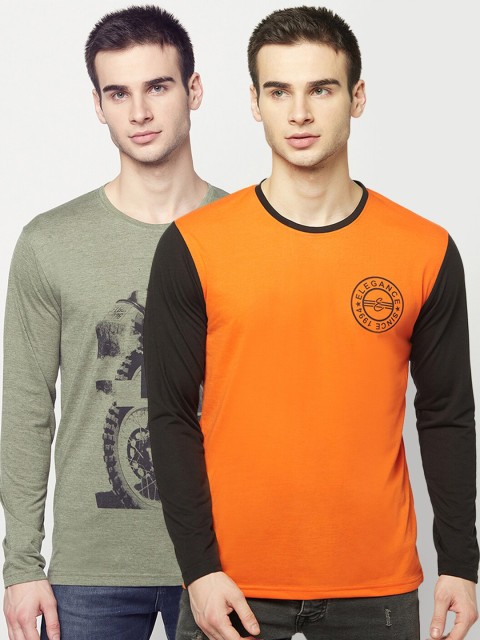 

ELEGANCE Men Set of 2 Orange & Olive Green Printed T-shirt