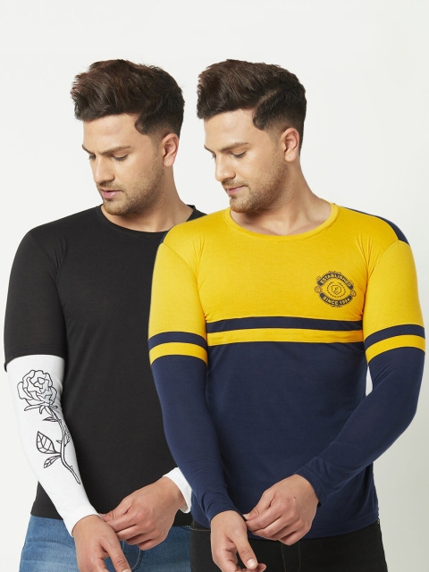 

ELEGANCE Men Set of 2 Yellow & Black Colourblocked T-shirt