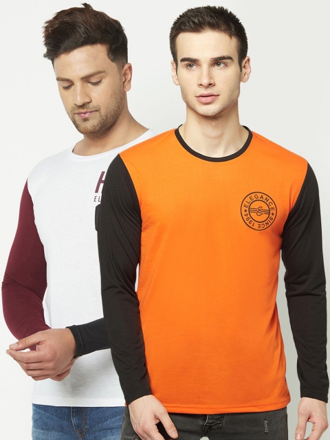 

ELEGANCE Men Set of 2 Orange & White Colourblocked T-shirt