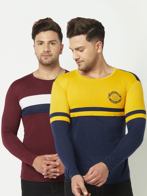 

ELEGANCE Men Set of 2 Yellow & Burgundy Colourblocked T-shirt