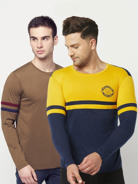 

ELEGANCE Men Set of 2 Yellow & Brown Striped T-shirt