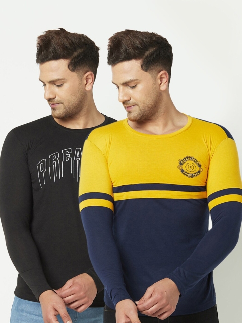 

ELEGANCE Men Set of 2 Yellow & Black Printed T-shirt