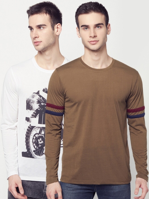 

ELEGANCE Men Set of 2 Brown & White Printed T-shirt