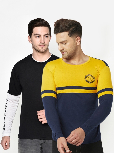 

ELEGANCE Men Set of 2 Yellow & Black Colourblocked T-shirt