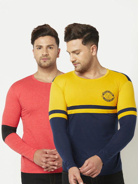 

ELEGANCE Men Set of 2 Fuchsia & Yellow Colourblocked T-shirt