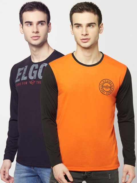 

ELEGANCE Men Set of 2 Orange & Navy Blue Printed T-shirt