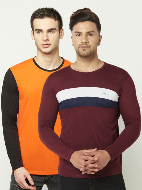 

ELEGANCE Men Set of 2 Burgundy & Orange Colourblocked T-shirt