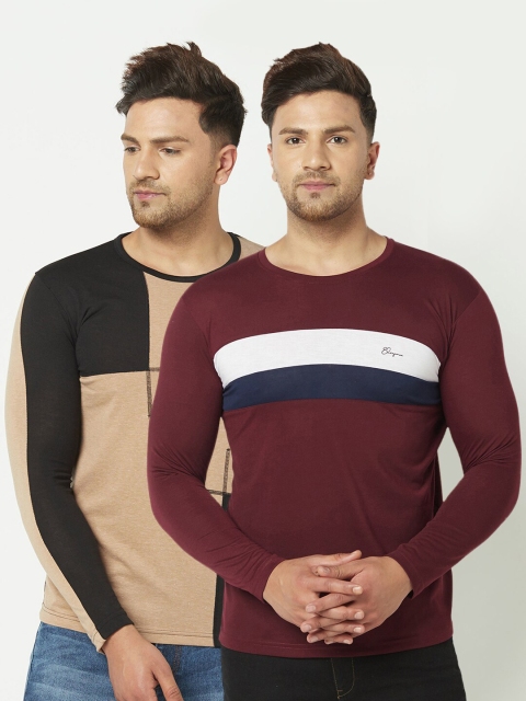 

ELEGANCE Men Set of 2 Burgundy & Brown Colourblocked T-shirt