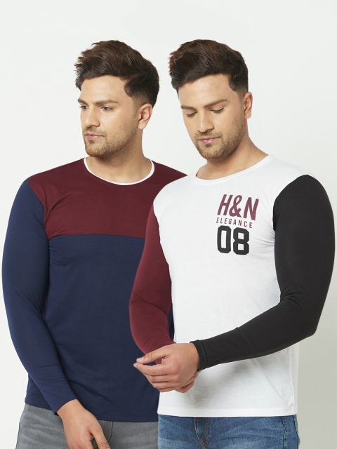 

ELEGANCE Men Set of 2 White & Blue Colourblocked T-shirt