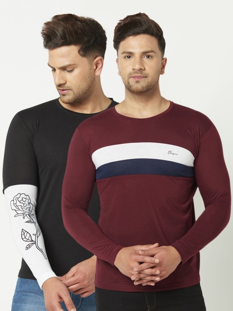 

ELEGANCE Men Set of 2 Burgundy & Black Printed T-shirt