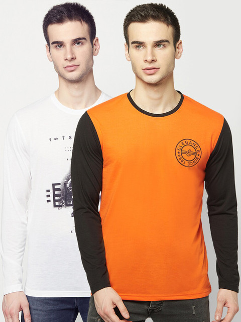 

ELEGANCE Men Set of 2 Orange & White Colourblocked T-shirt