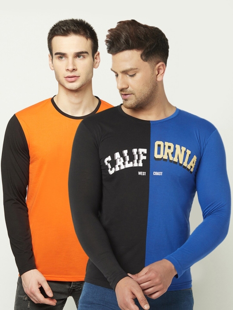 

ELEGANCE Men Set of 2 Blue & Orange Colourblocked T-shirt