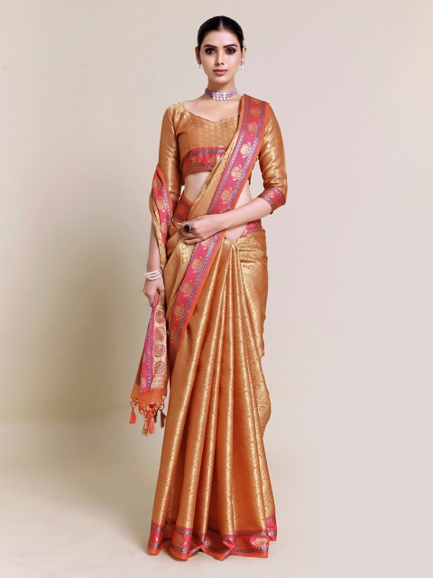 

MIMOSA Orange & Pink Ethnic Motifs Zari Art Silk Banarasi Saree