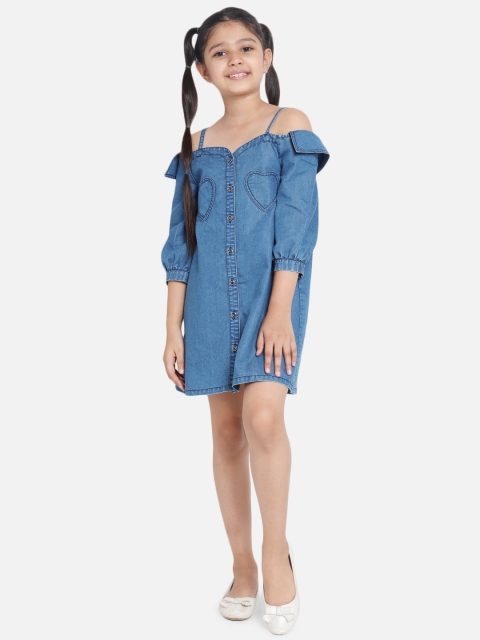 

Natilene Girls Cotton Blue Denim Applique A-Line Dress