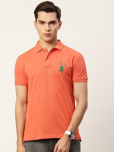 

PORTBLAIR Men Coral Orange Polo Collar Applique T-shirt, Peach