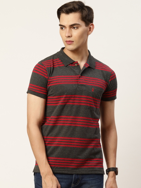 

PORTBLAIR Men Charcoal Grey & Red Striped Polo Collar T-shirt
