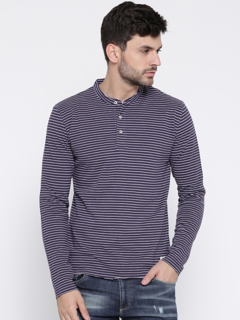 

United Colors of Benetton Men Navy Blue Striped Henley Neck T-shirt
