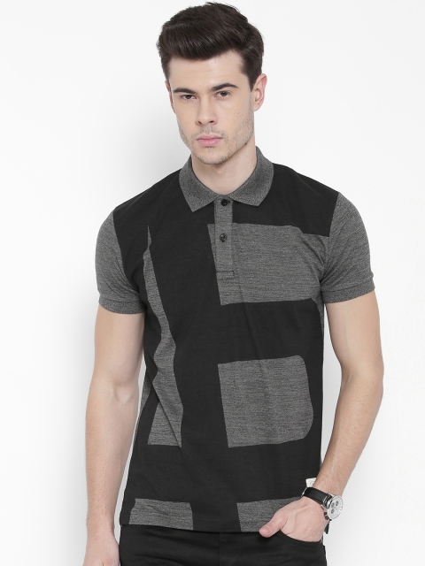 

United Colors of Benetton Men Charcoal Grey Black Printed Colourblocked Polo Pure Cotton T-shirt