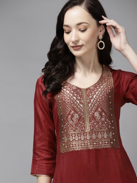 

Indo Era Women Maroon Floral Yoke Design Kurta