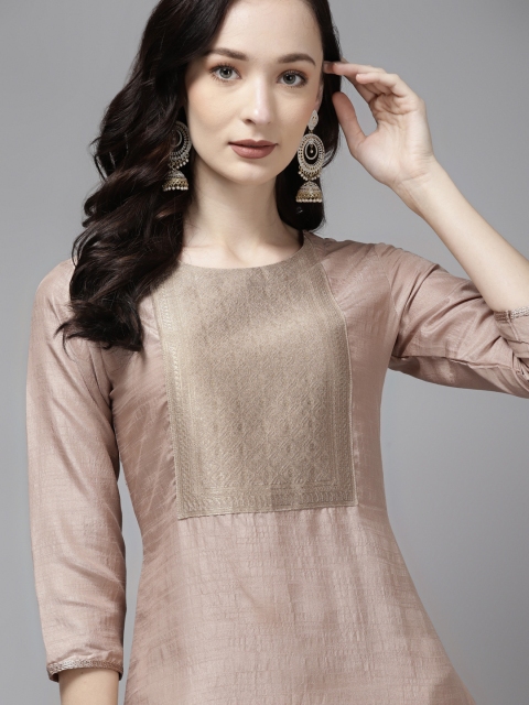 

Indo Era Women Beige & Golden Ethnic Motifs Yoke Design Kurta