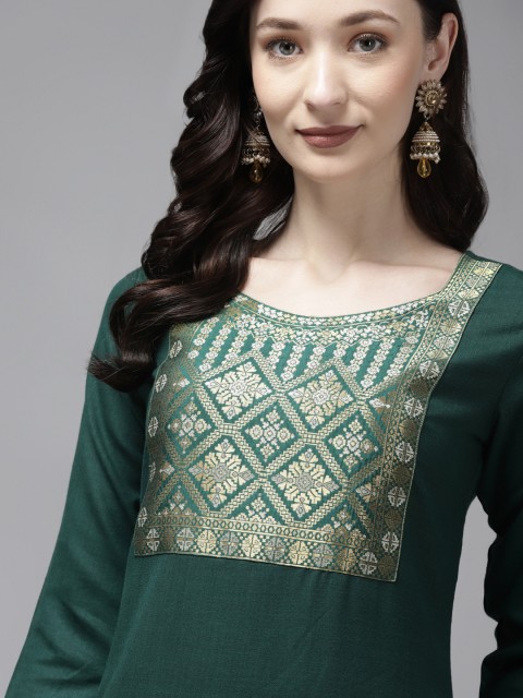 

Indo Era Women Green & Golden Ethnic Motifs Yoke Design Kurta