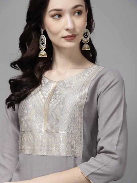 

Indo Era Women Grey & Golden Ethnic Motifs Yoke Design Pure Cotton Kurta