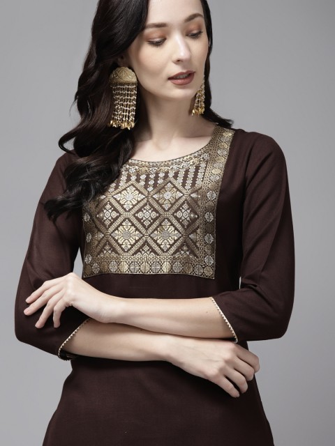 

Indo Era Women Brown & Golden Ethnic Motifs Yoke Design Kurta