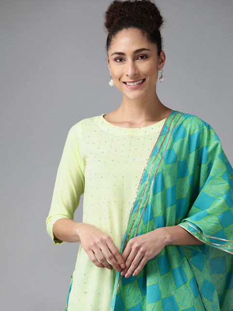 

Indo Era Women Green Embroidered Regular Kurta with Sharara & Dupatta