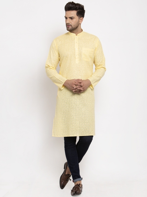 

KRAFT INDIA Men Yellow Chikankari Dobby Kurta