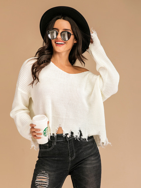 

URBANIC Women White Ribbed Pullover Sweater
