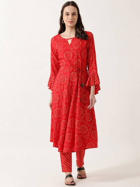 

V2 Value & Variety Women Red Bandhani Printed Kurta with Trousers